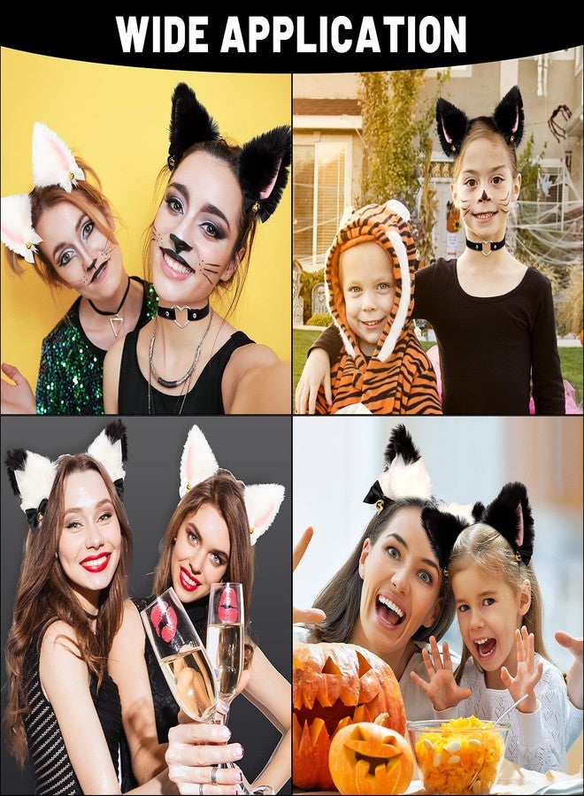 Whaline 3pcs Cat Ear Headband with Heart Chocker Necklace White Black Plush Furry Cat Ear Hair Band with Ribbon Bow Bell for Girls Women Adult Cosplay Party Fancy Dress Halloween Drama - Image 4